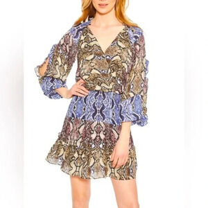 Parker Silk Tiered Blue Gladis Snakeskin Print Mini Dress Size XS